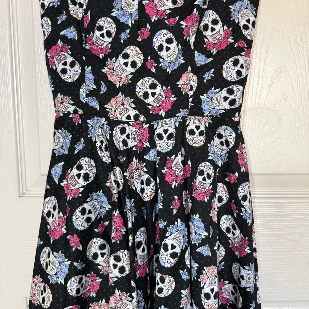 Hell Bunny Muertos 50s Style Smocked Swing Dress Dead Sugar Skull Print Ss M - Picture 8 of 12